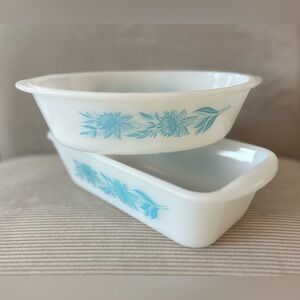 2 Vintage Glasbake milk glass baking dishes in the "Blue Thistle"